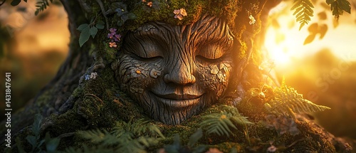 Serene tree spirit face, nestled in moss and flora, bathed in warm sunset light. Peaceful, mystical scene