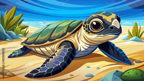 View of a newborn hawksbill sea turtle released from a rescue shelter on the beach in a nature reserve.