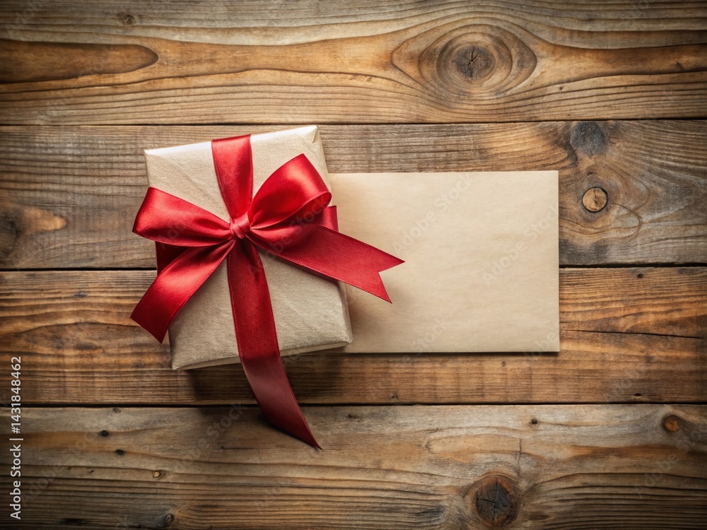 Rustic Wooden Background with Red Ribbon Bow and Blank White Card - Drone Aerial View Rustic Wooden Background with Red Ribbon Bow and Blank White Card - Drone Aerial View