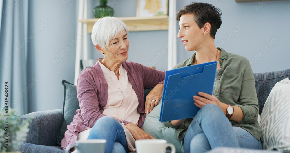Home, senior woman and daughter with document, care and explaining benefits of policy in living room. House, elderly mother and paperwork with info for health insurance, people and review of coverage