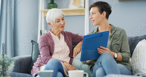 Obraz na płótnie Home, senior woman and daughter with document, care and explaining benefits of policy in living room. House, elderly mother and paperwork with info for health insurance, people and review of coverage w salonie