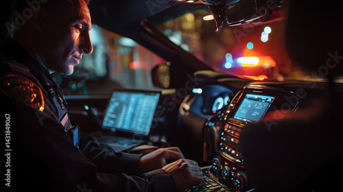 Police officer diligently working on a laptop inside a patrol car at night, with emergency lights visible in the background.