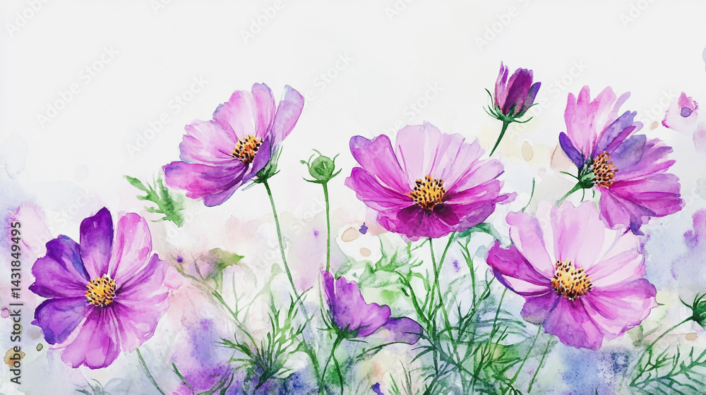 Obraz premium Elegant wedding invitation card background . Minimal hand painted watercolor Cosmos flowers texture template background. Design for wedding, vip cover, poster, rsvp moderncard.Valentine's Day