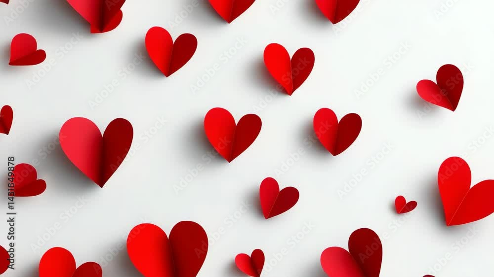 Bright red paper hearts arranged on a clean white surface create a joyful, festive background for Valentine's Day or a love-themed event. Bright red paper hearts arranged on a clean white surface create a joyful, festive background for Valentine's Day or a love-themed event.