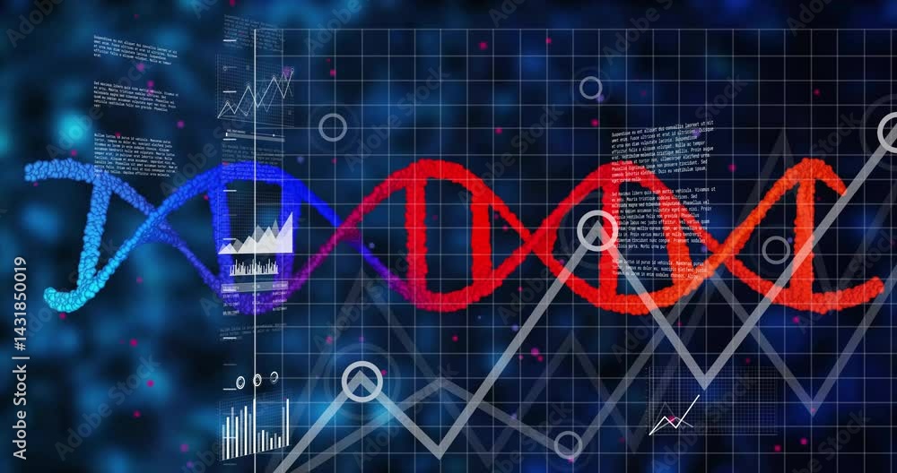 Stylized DNA helix sliding horizontally, showing floating graphs, grid plots and glowing particles Stylized DNA helix sliding horizontally, showing floating graphs, grid plots and glowing particles