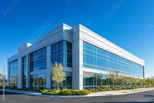 A striking office building features large glass windows reflecting clear blue skies, showcasing contemporary design in a bustling commercial area surrounded by greenery and well-maintained pathways