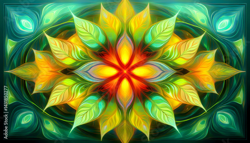 Vibrant Abstract Floral Mandala Green Yellow and Orange Leaf Design