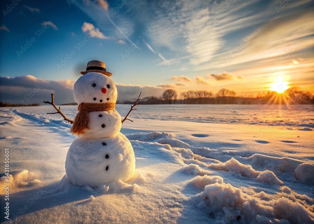 Obraz premium Sad Melting Snowman in Panoramic Winter Landscape