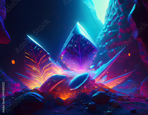 Vibrant Neon Landscape Abstract 3D Render of Glowing Crystal Flora and Rocks