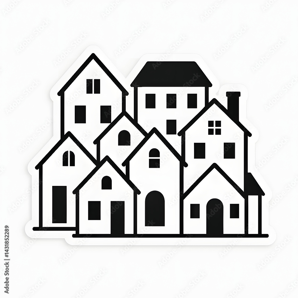 Houses clustered together in a minimalist design showcasing various architectural styles and shapes Houses clustered together in a minimalist design showcasing various architectural styles and shapes