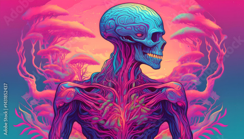 Psychedelic Skull Anatomy Art Vibrant Neon Pink and Blue Surreal Landscape