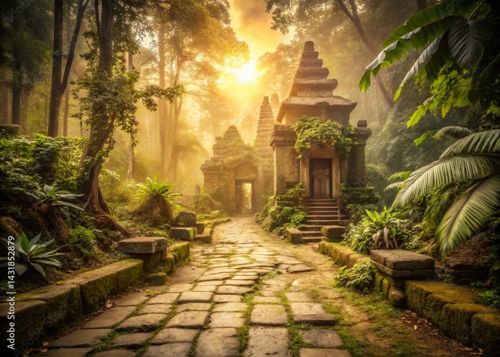 Fototapeta premium Sepia-toned Ancient Stone Path Leading to a Jungle-Overgrown Temple - Surreal Stock Photo