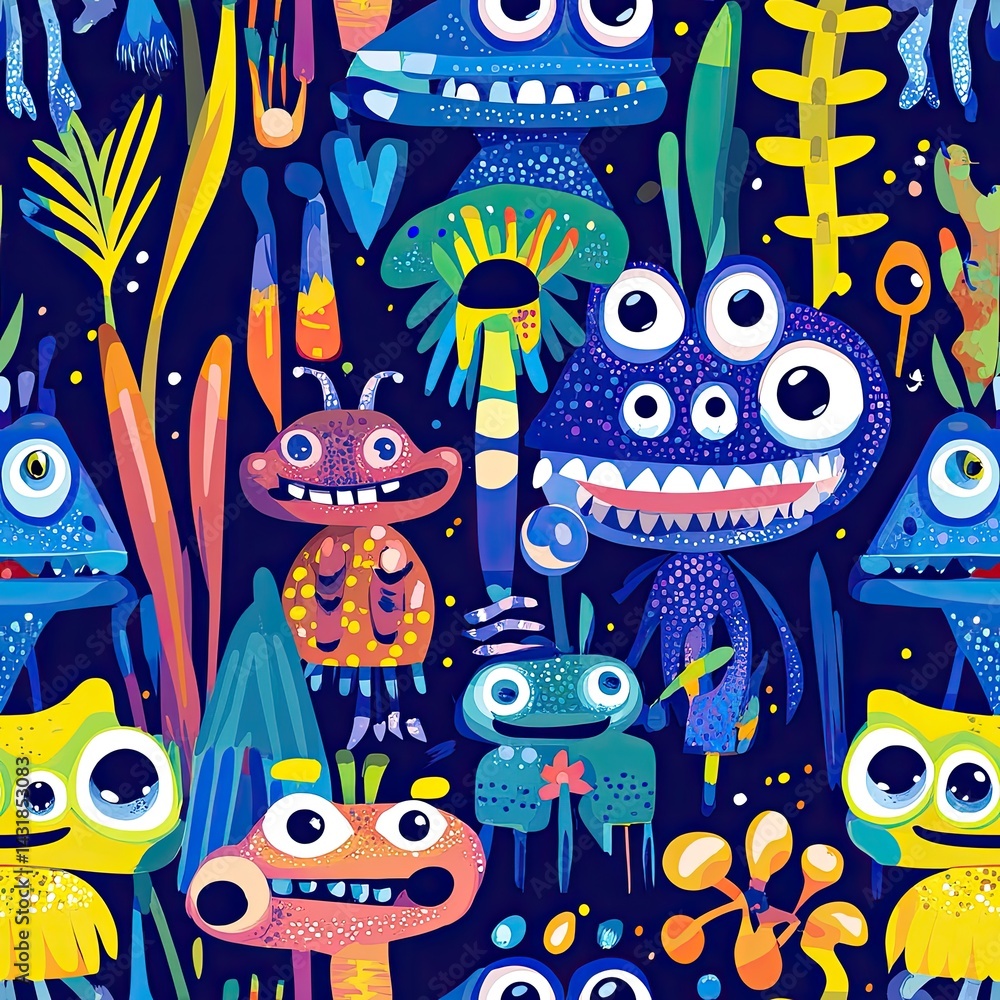 Naklejka premium Vibrant World of Whimsical Cartoon Monsters: A Colorful Underwater Fantasy