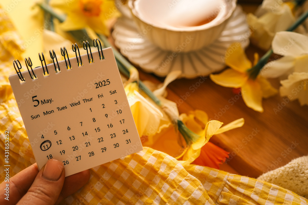 Hand holding a small May 2025 calendar with the 11th circled, next to a cup of tea, daffodils, and cozy fabrics, creating a warm springtime scene