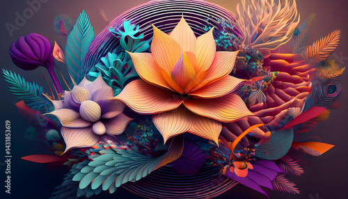 Vibrant 3D Floral Arrangement Tropical Flowers Exotic Plants Artistic Design