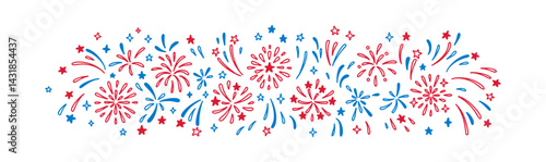 USA independence day colorful red and blue firework background. 4th of July America national holiday celebration. Hand drawn doodle vector illustration. Confetti, stars, burst, bling crayon scribble