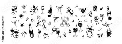 Set of bar alcohol beverage and drinks menu design elements in girly coquette style. Wedding, birthday, bachelorette party, Christmas celebration doodle drawing. Cocktail, champagne, wine glass sketch