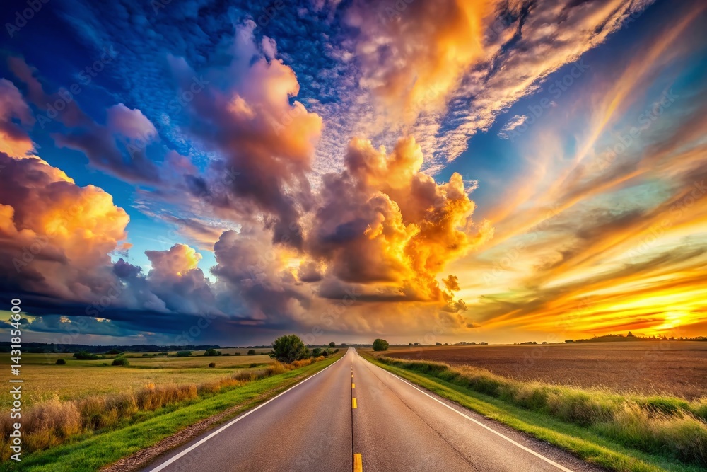 Naklejka premium Serene Country Road at Sunset: Peaceful Landscape Photography