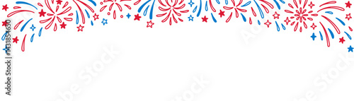 4th Of July cute line doodle firework background. Hand drawn vector illustration in red and blue colors of American and French national flag. Independence Day of USA, Bastile day, Labor day poster