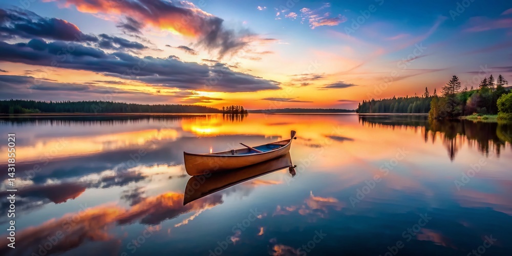 Serene Dusk Canoe on Still Lake - Peaceful Water Reflection Photography