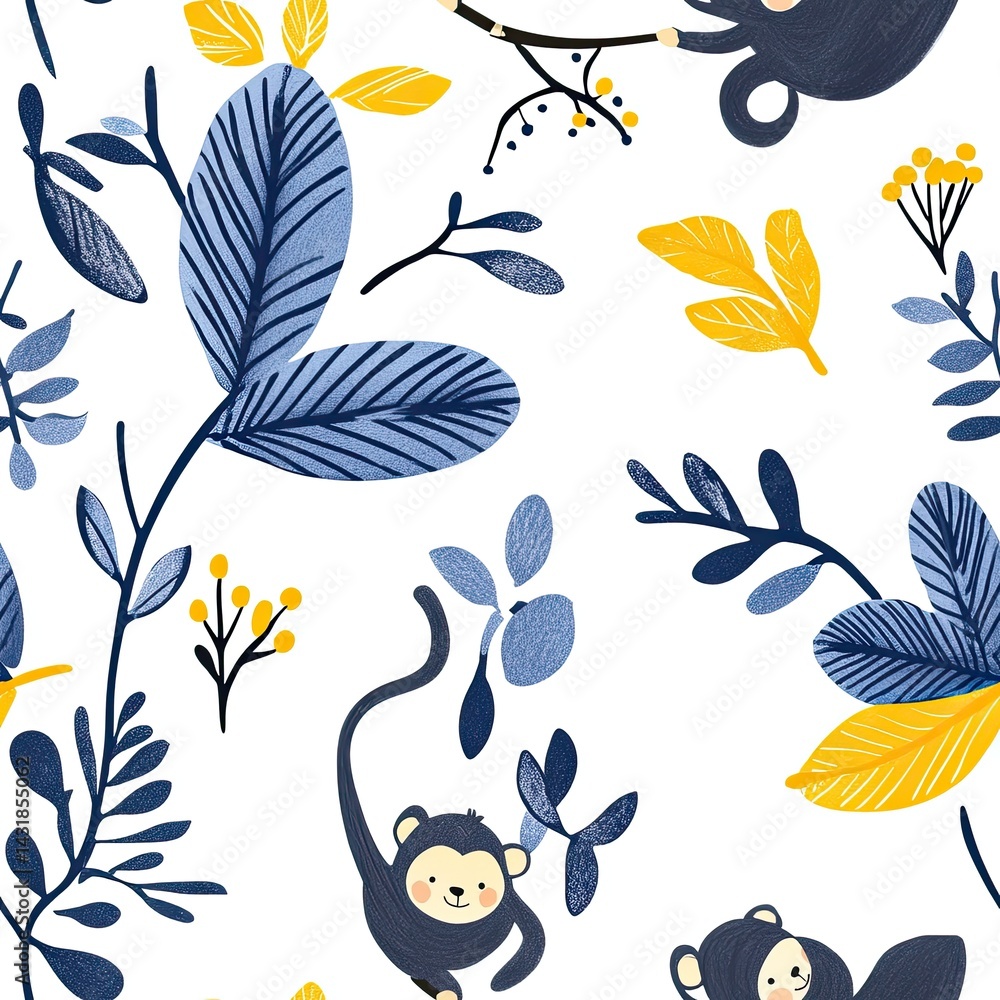 Adorable Monkeys Swinging Through Vibrant Blue and Yellow Jungle Leaves: A Delightful Childrens Illustration Adorable Monkeys Swinging Through Vibrant Blue and Yellow Jungle Leaves: A Delightful Childrens Illustration
