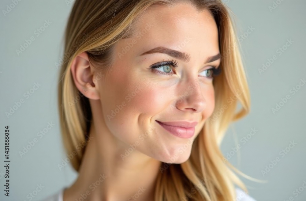 Young woman with long blonde hair smiling softly against a neutral background during a serene moment Young woman with long blonde hair smiling softly against a neutral background during a serene moment