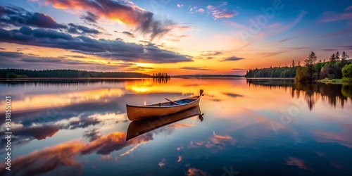 Obraz na płótnie Serene Dusk Canoe on Still Lake - Peaceful Water Reflection Photography w salonie