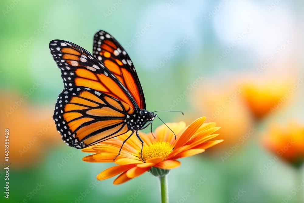Obraz premium Monarch Butterfly on Orange Flower - A vibrant monarch butterfly rests delicately on a bright orange flower, showcasing its intricate wings and the beauty of nature