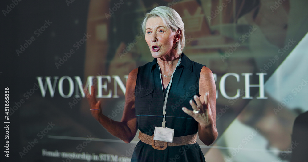 Business, speech and woman at seminar for motivation at tech conference. Convention, presentation and keynote speaker at event for training, coaching and advice for inspiration with mature programmer