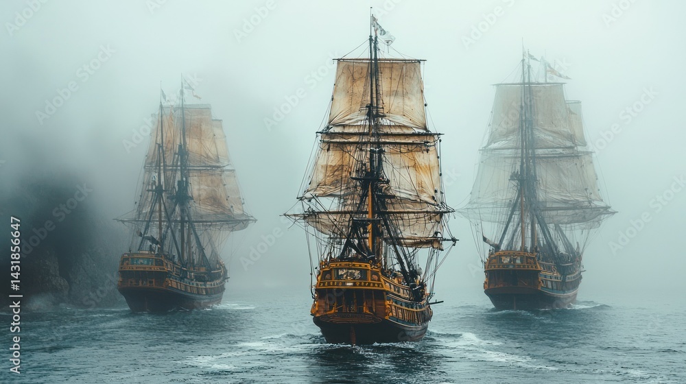 Obraz premium Three Majestic Sailing Ships in Fog