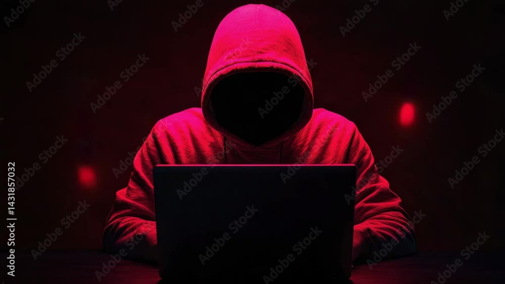 Examine how fraudsters use social media quizzes to harvest personal data for identity theft, Mysterious figure in a red hoodie, working intently on a laptop Examine how fraudsters use social media quizzes to harvest personal data for identity theft, Mysterious figure in a red hoodie, working intently on a laptop