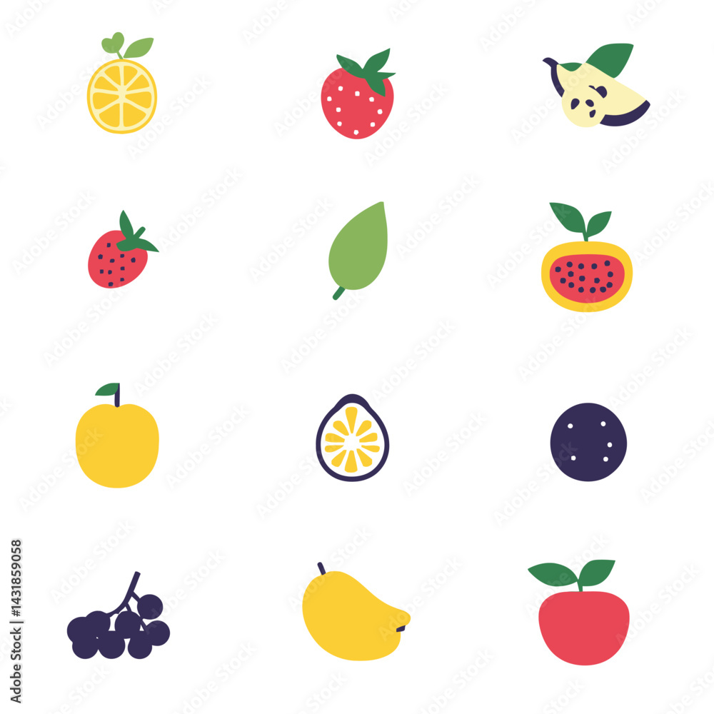 icon sheet, simple shapes, fruit icons, white background icon sheet, simple shapes, fruit icons, white background