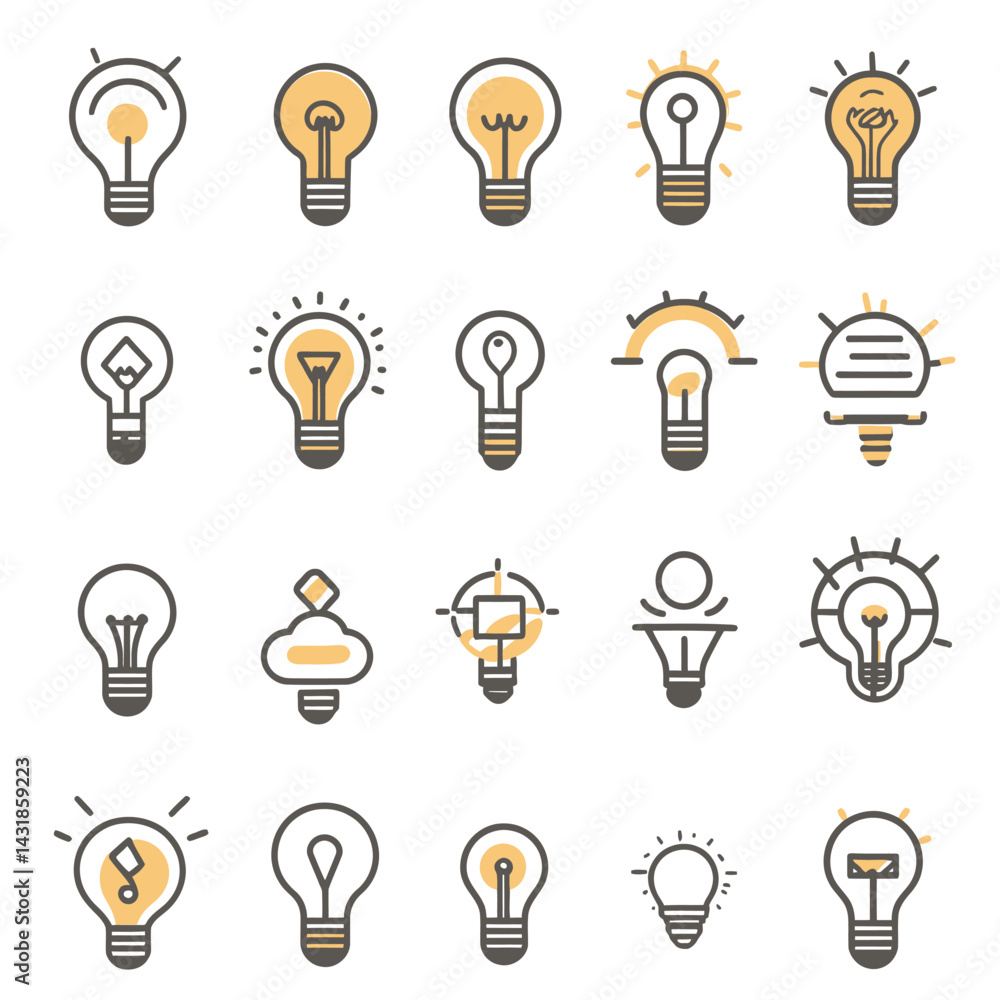 icon sheet, simple shapes, lightbulb icons, white background icon sheet, simple shapes, lightbulb icons, white background