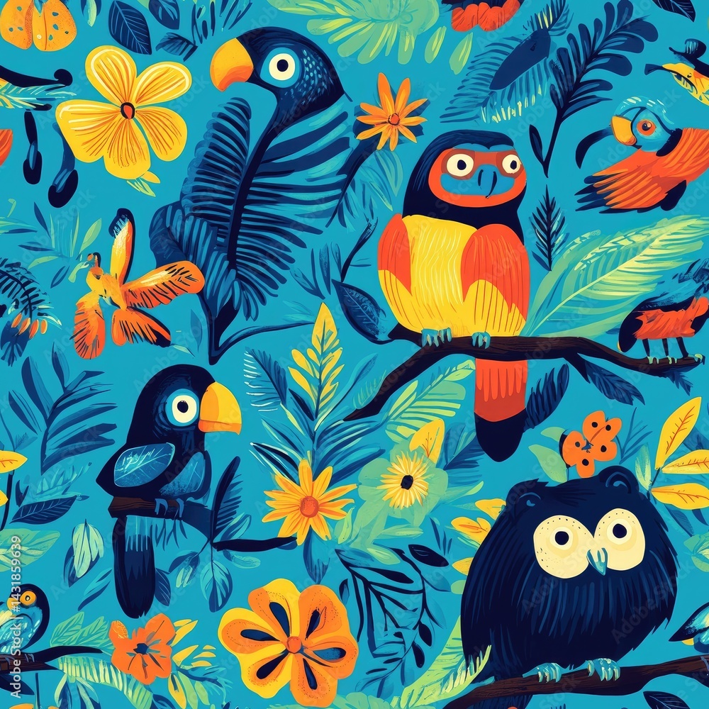 Vibrant Tropical Bird Paradise: A Colorful Avian Tapestry of Exotic Birds and Lush Foliage Vibrant Tropical Bird Paradise: A Colorful Avian Tapestry of Exotic Birds and Lush Foliage