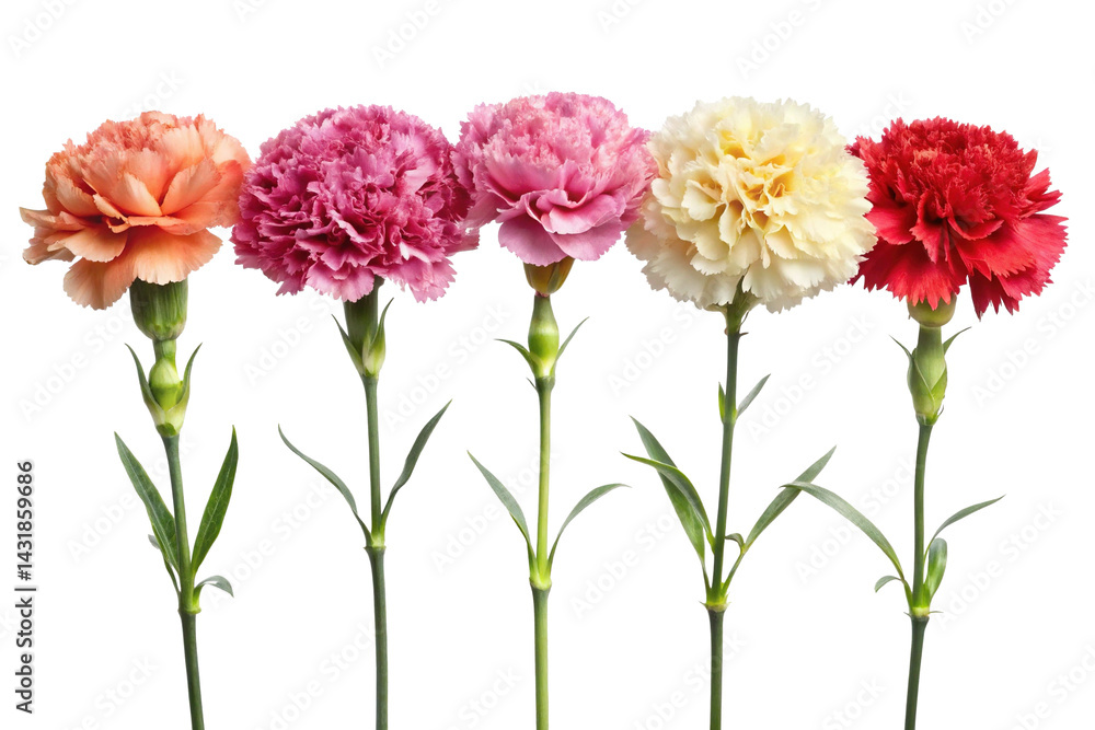 Colorful row of vibrant carnation flowers in full bloom on a Trensprent Background png Colorful row of vibrant carnation flowers in full bloom on a Trensprent Background png