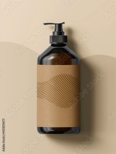 Amber pump bottle with kraft label on beige background, great for branding organic skincare, haircare, or soap products