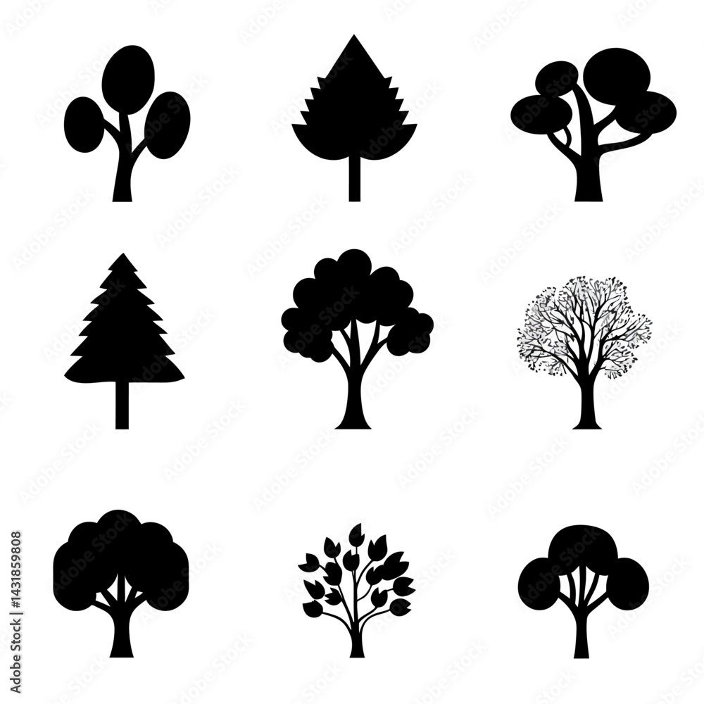 Fototapeta premium icon sheet, simple shapes, tree icons, white background