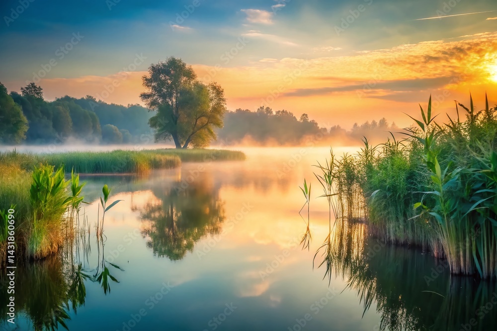 Fototapeta premium Serene River Reeds Fog Misty Dawn Nature Landscape Photography