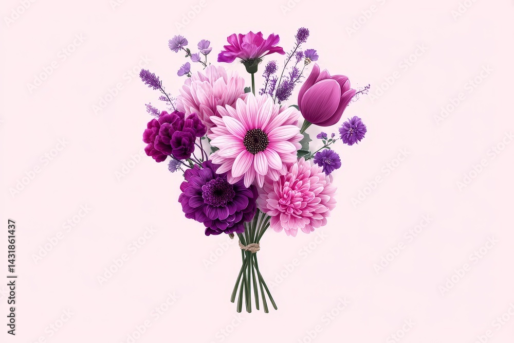 Fototapeta premium Pink and Purple Floral Bouquet Illustration - A vibrant bouquet of pink and purple flowers, symbolizing love, beauty, grace, gratitude, and new beginnings