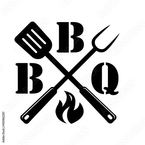 Silhouette of BBQ Grilling Tools Crossed Over Flame Icon, Barbecue Logo Symbol for Outdoor Cooking, Summer Party, Grill Master Concept, Food Event Branding and Culinary Celebration

