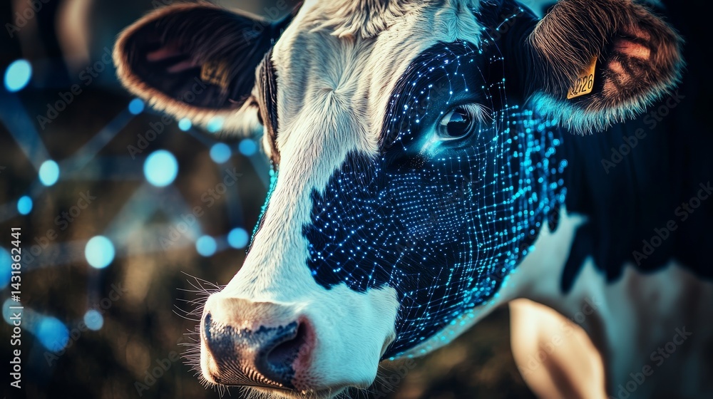 Close up of a dairy cow with glowing data points symbolizing smart farming technology integration
