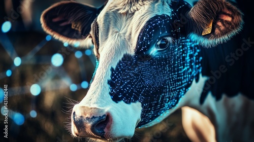 Close up of a dairy cow with glowing data points symbolizing smart farming technology integration