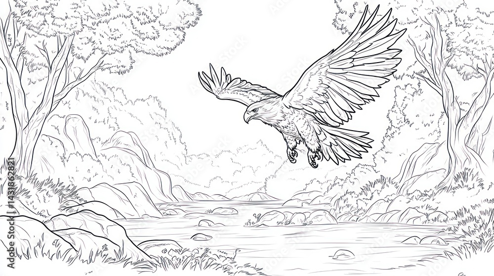 Fototapeta premium Eagle soaring over forest river, nature coloring page