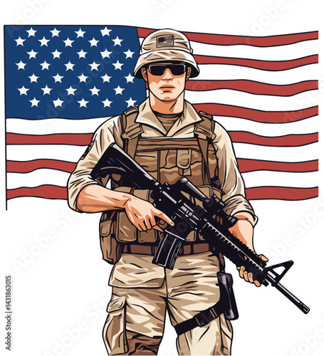 soldier in front of flag vector