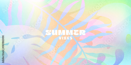 Colorful summer background with tropical leaf silhouettes. Gradient pastel tones create a fresh, fun, and vibrant seasonal atmosphere.Ideal for banners, posters and advertising materials.
