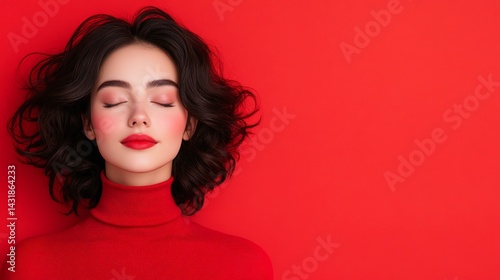 Brunette woman in red turtleneck with eyes closed, standing in front of bold red background, symmetrical fashion portrait with strong visual impact and confident mood

