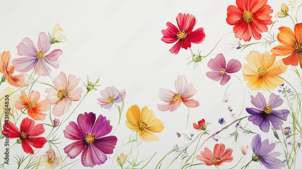Fototapeta premium Elegant wedding invitation card background . Minimal hand painted watercolor Cosmos flowers texture template background. Design for wedding, vip cover, poster, rsvp moderncard.Valentine's Day