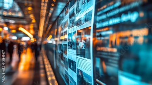 Blurred city background with a large digital screen displaying news articles and images.  The vibrant colors and motion create a sense of fast-paced urban life and information overload.