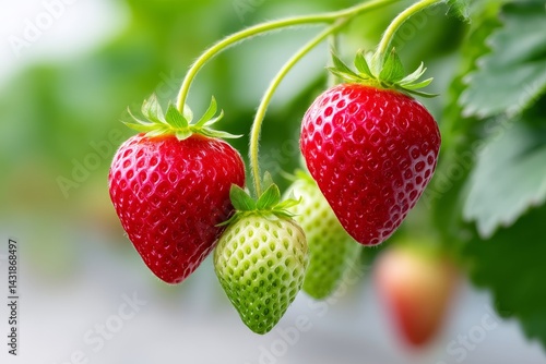 Ripe and Unripe Strawberries on the Vine - Juicy ripe strawberries and green unripe berries growing on a plant stem. Represents growth, freshness, sweetness, summer, and abundance