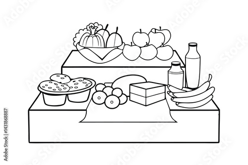 Black and white illustration of food items on a multilevel display stand simple line art